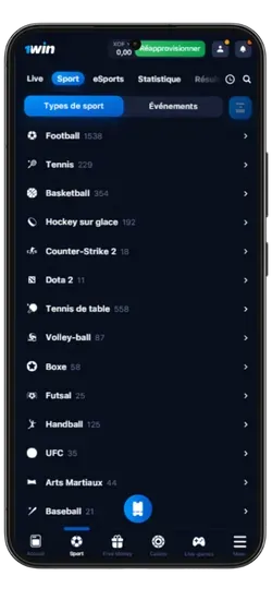 Événements sportifs APK 1 Win