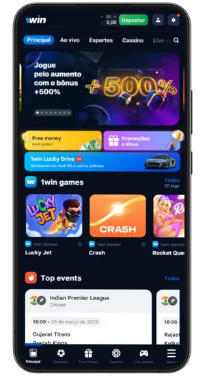 Interface do app 1Win com bônus e jogos em destaque