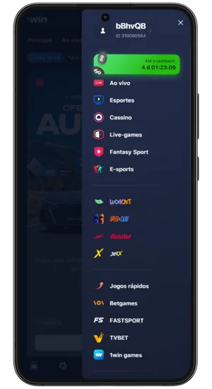 Menu lateral com categorias do app 1Win